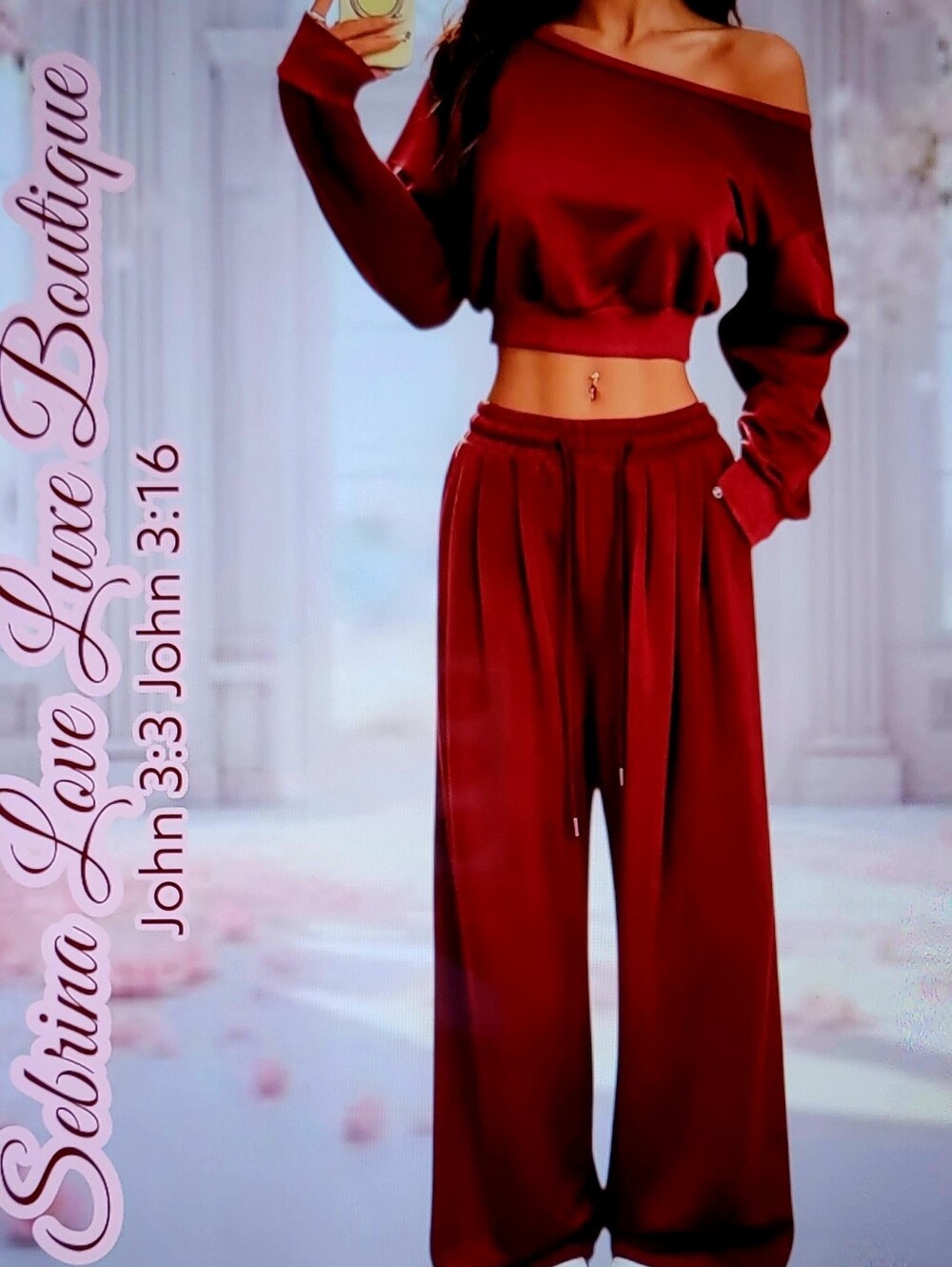 Cute Cozy Deep Red Cropped Sweatshirt & Wide-Leg Jogger Loungewear Set